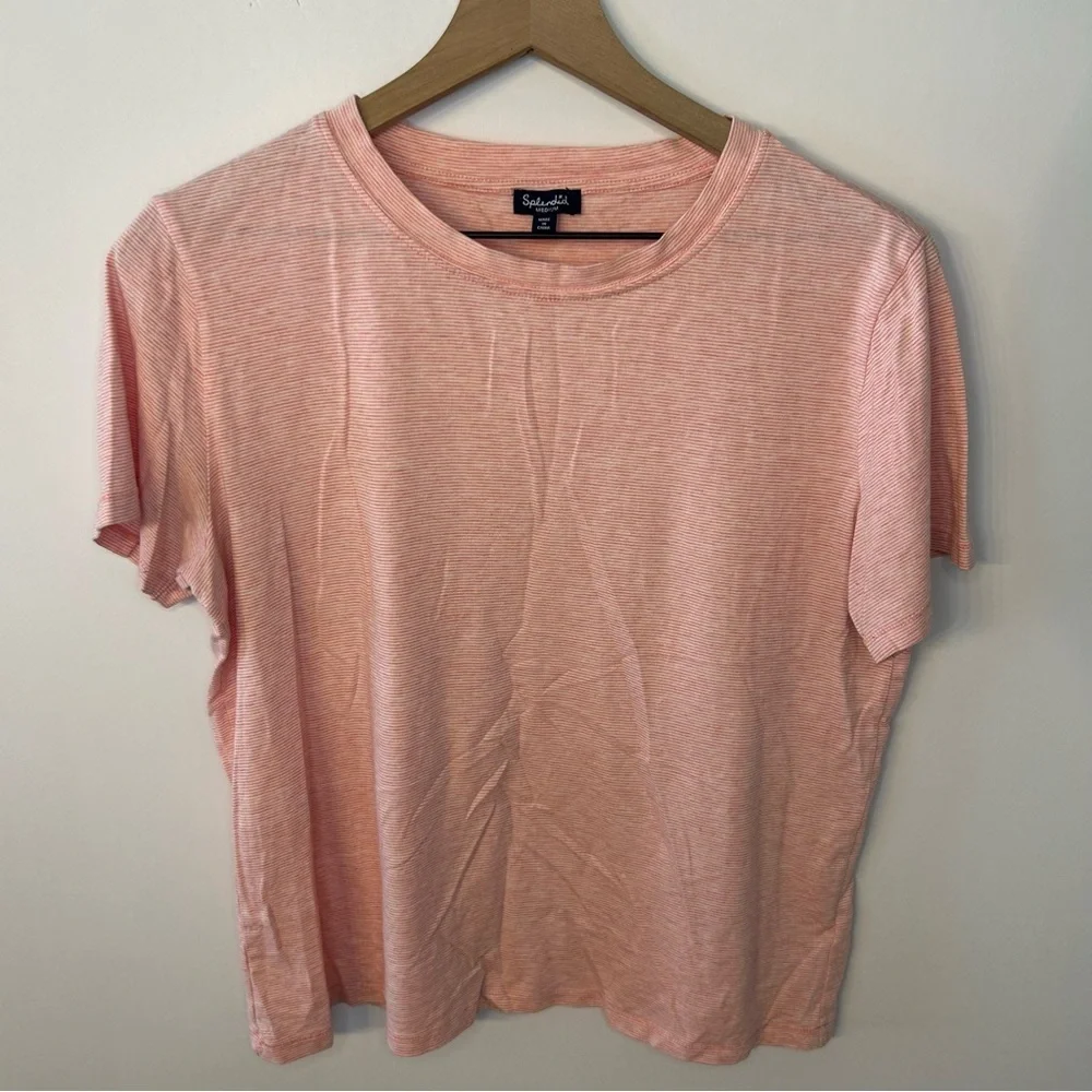 Splendid Women’s Coral and White Stripe Short Sleeve Crew Neck Tee, Size Medium - Picture 1 of 8
